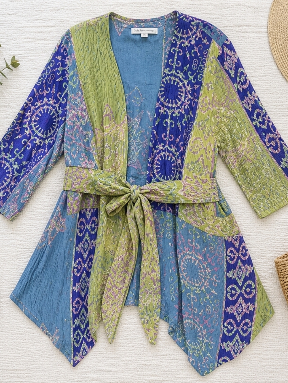Soft Surroundings Floral Scarfed Kimono in Lime, Purple & Pink - Picture 4 of 11